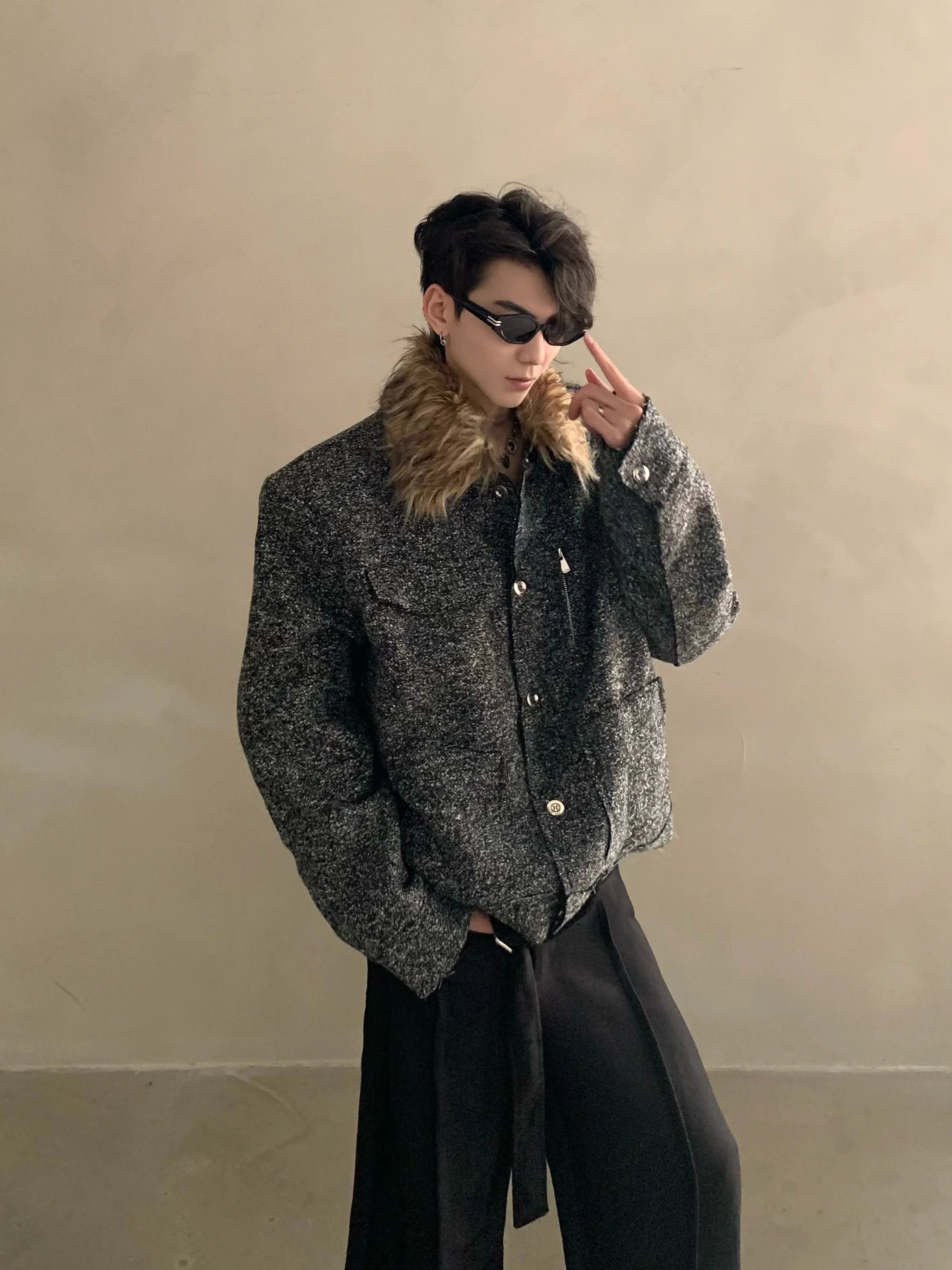 Winter niche light luxury fur collar shoulder padded small fragrant jacket men's high-end short padded jacket