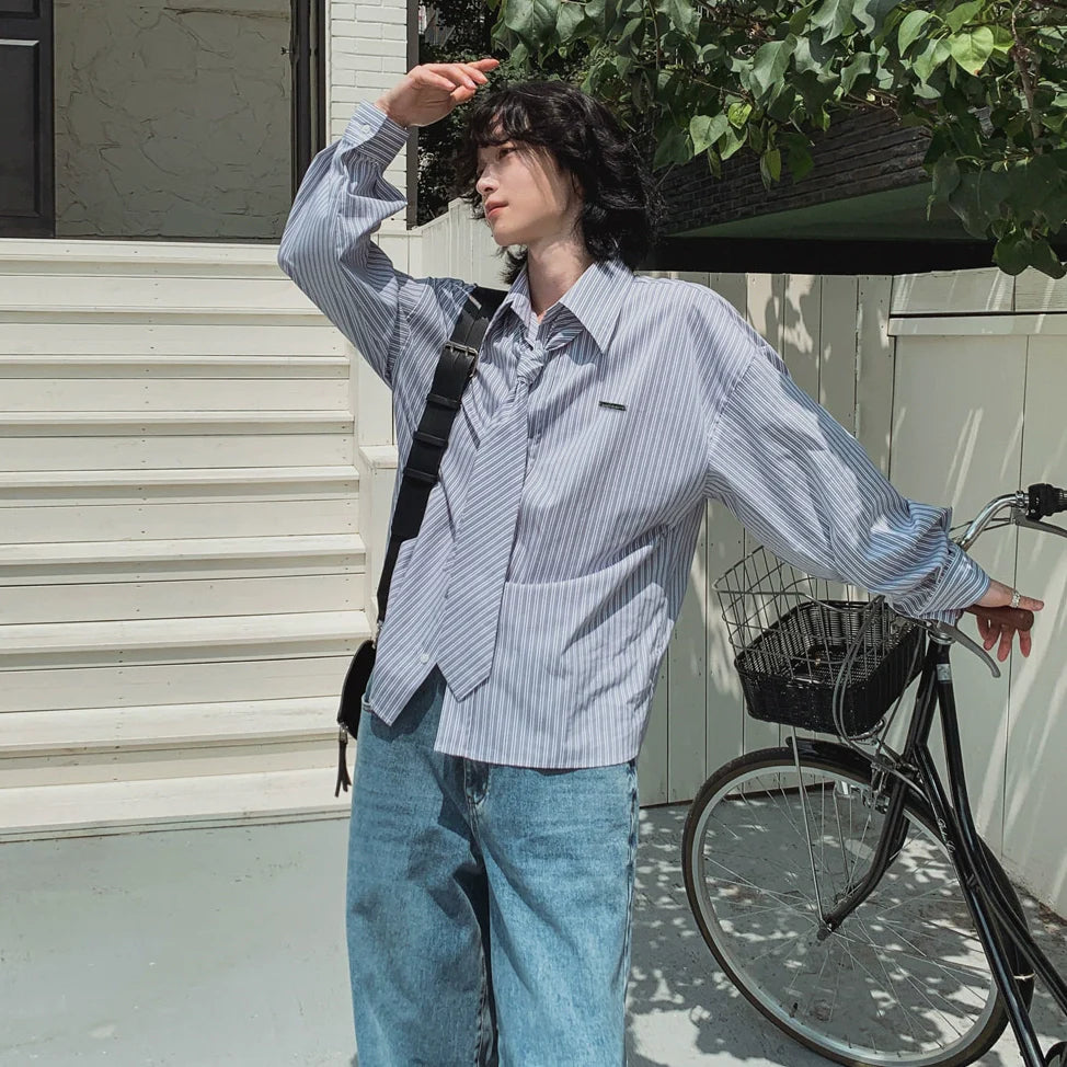 [Free Tie] College Striped Long Sleeve Shirt Men's Spring Loose Casual Shirt Korean Commuter DK Inside