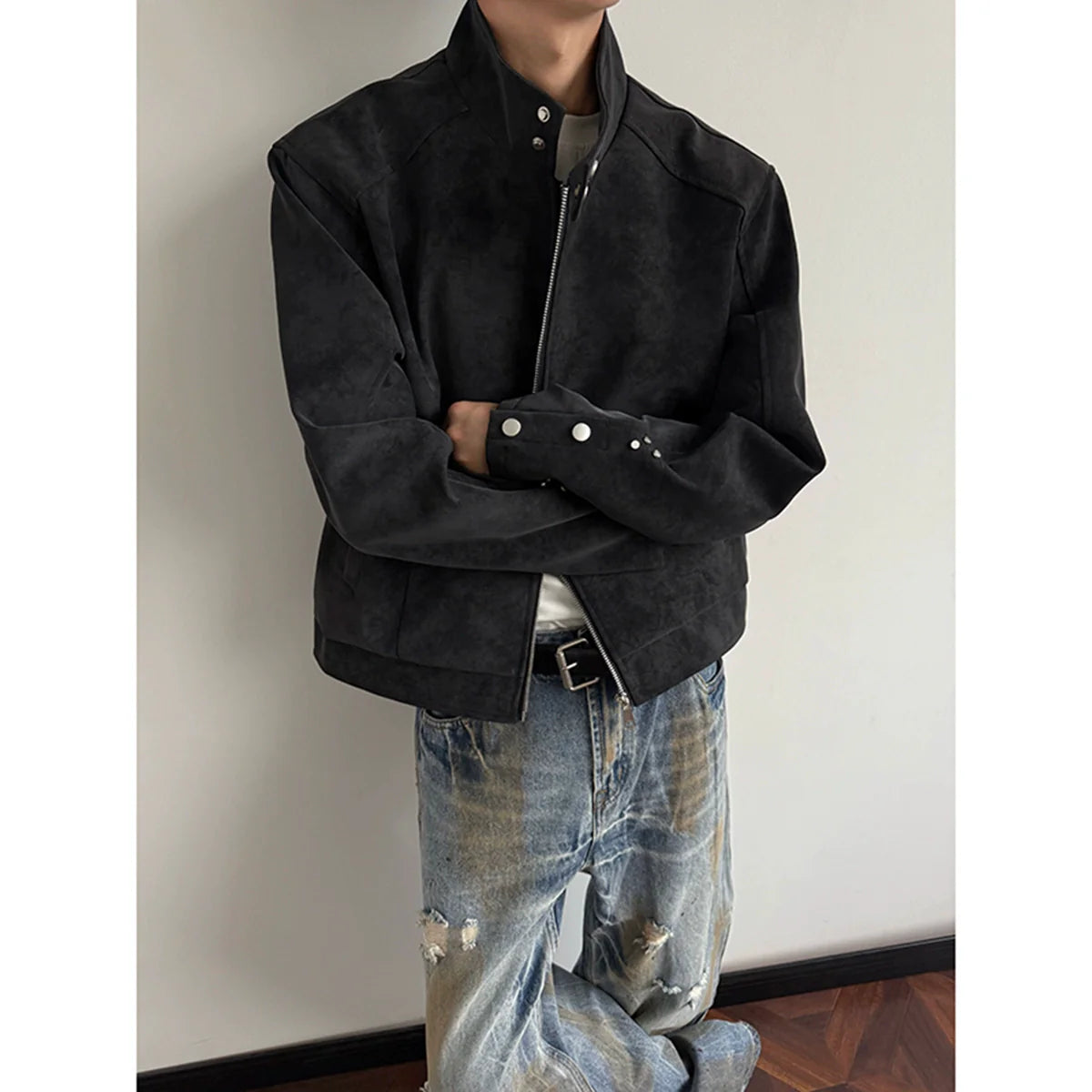 American Harrington pu leather jacket jacket men's trendy brand autumn high street design sense ruffian handsome locomotive suit stand-up collar leather jacket