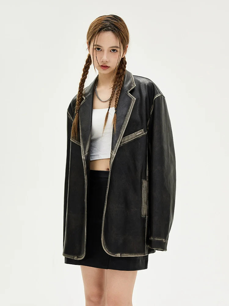 American retro polished leather jacket suit for men and women, black trendy jacket