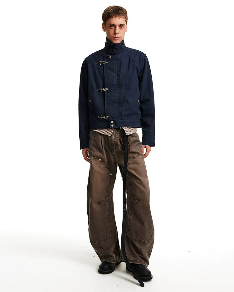 Retro high-end aircraft buckle design stand-up collar jacket for men and women, ruffian handsome high street short and wide tooling jacket