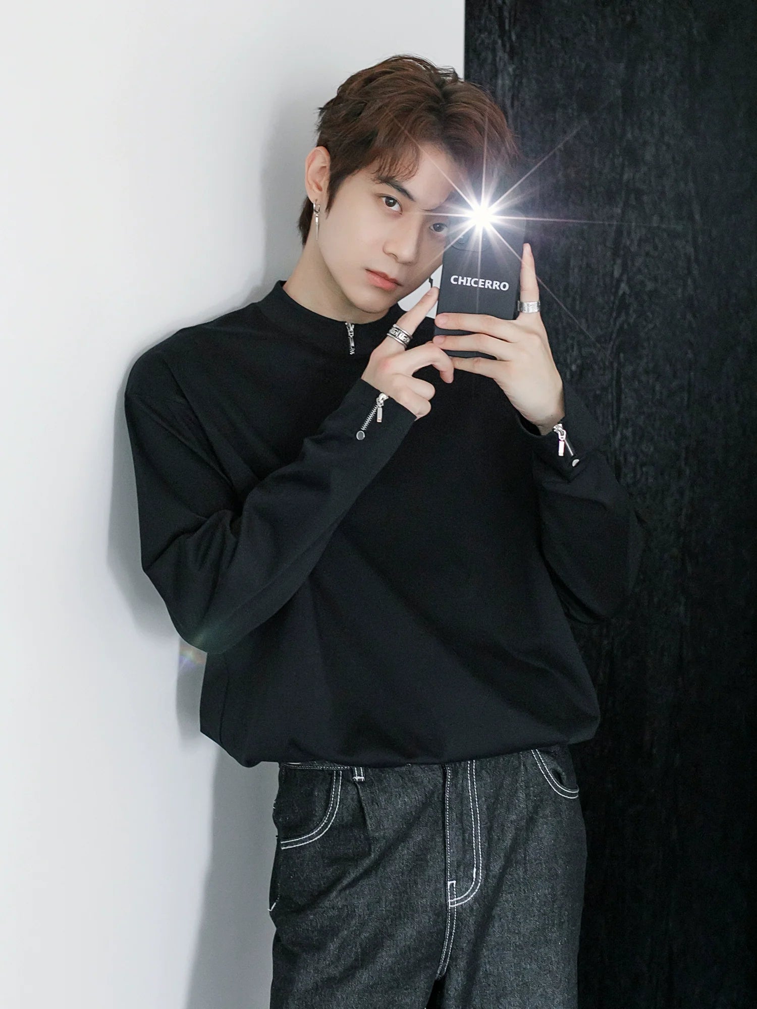 Men's spring zipper design sense inner bottoming shirt thin white long-sleeved T-shirt tide