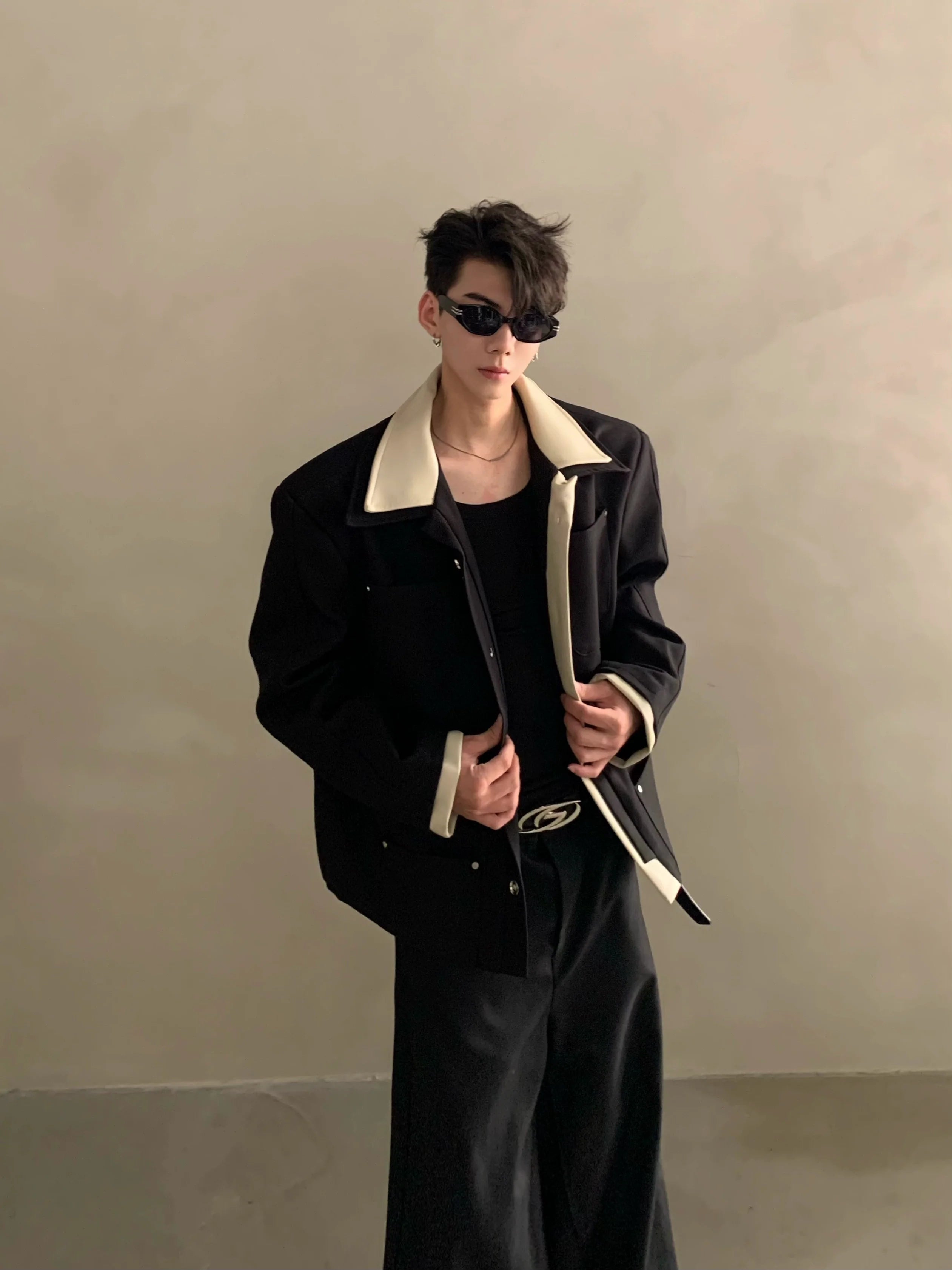 니치 라이트 럭셔리 하이엔드 스플라이싱 라펠 디자인 캐주얼 재킷 남성용 러피안 핸섬 탑 타이드 