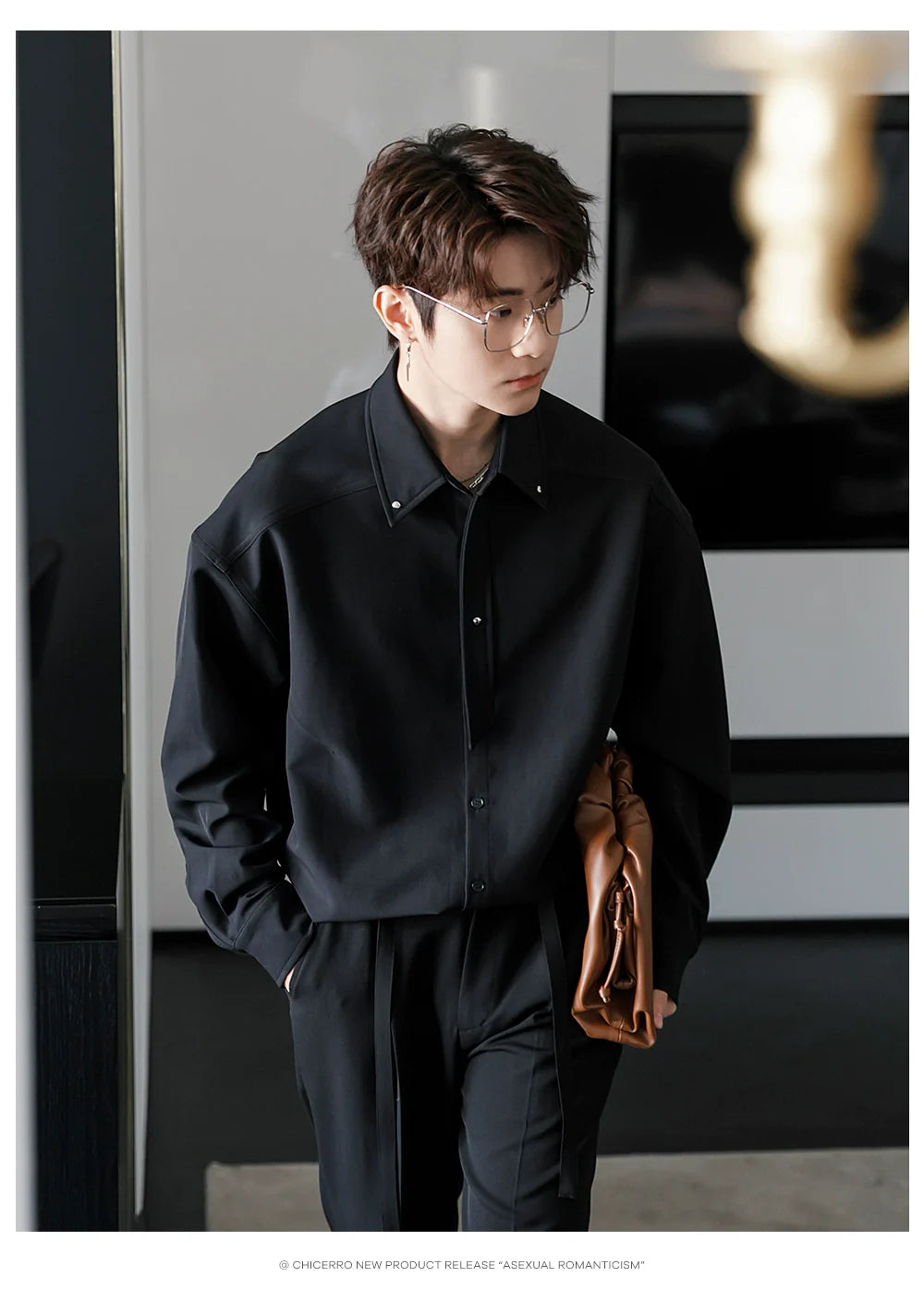 Men's Loose Casual Lapel Shirt Men's Solid Color Premium Tie Long Sleeve Shirt