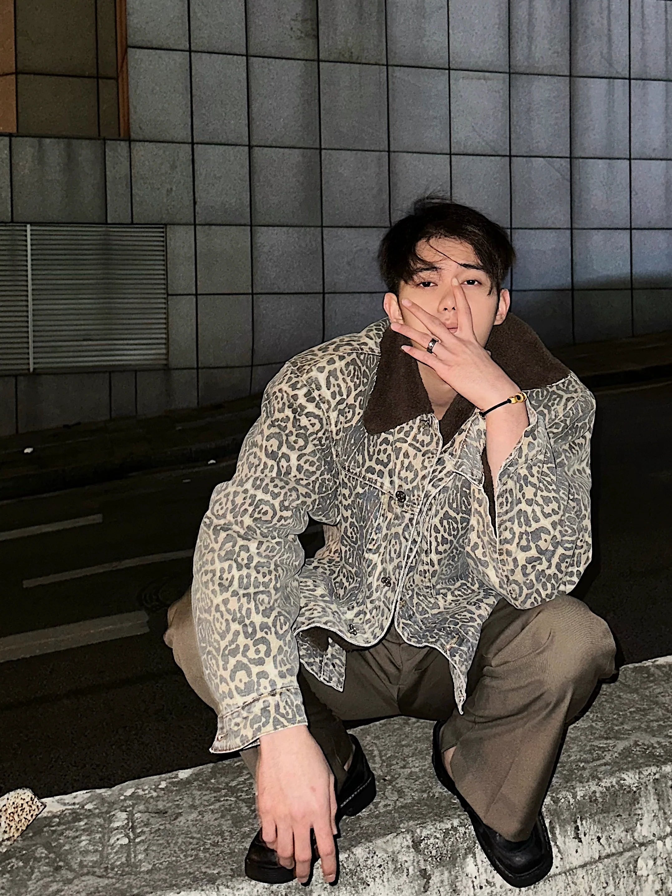 Winter retro washed niche leopard print splicing fleece thickened denim jacket men's trend