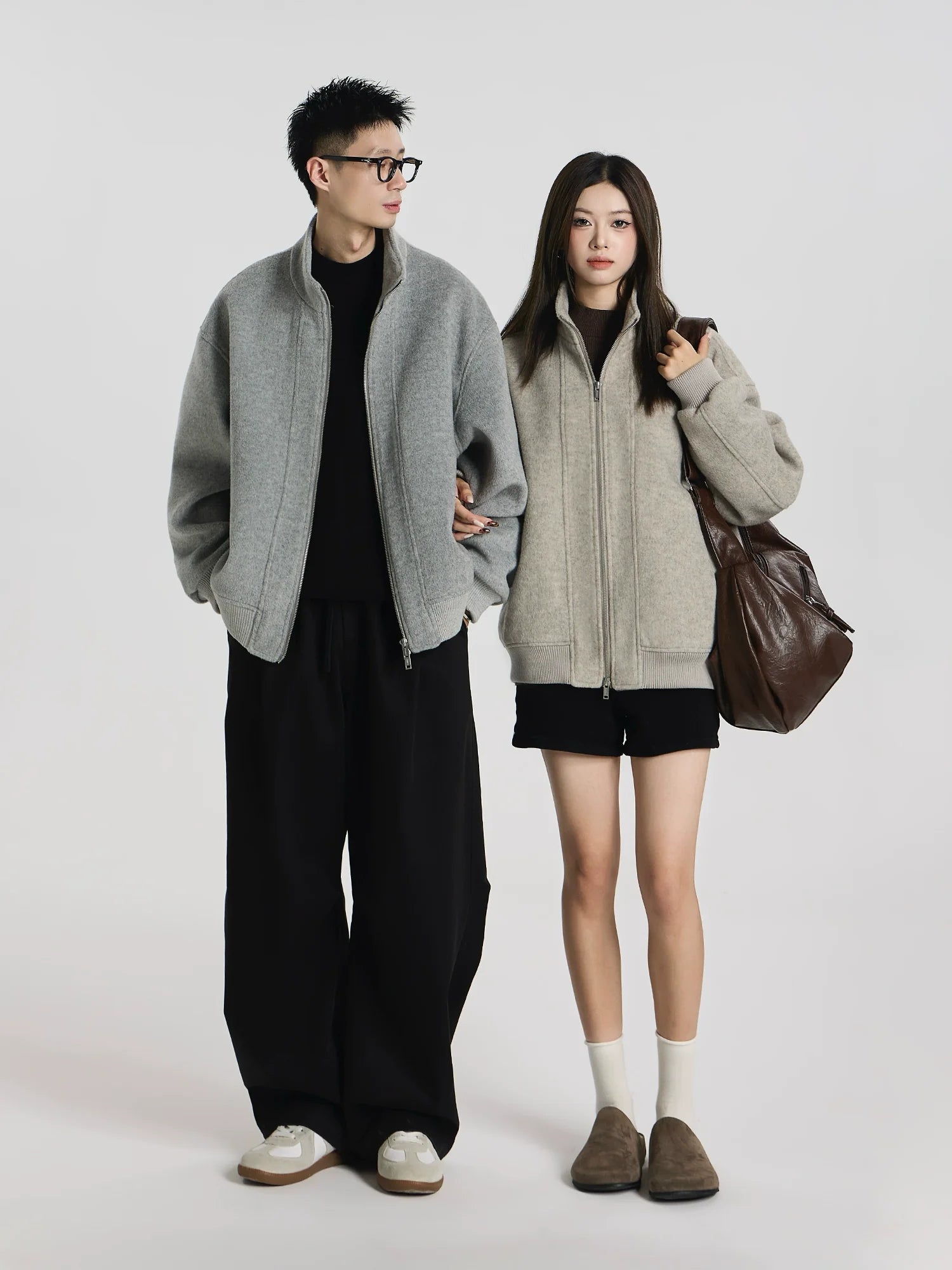 Custom-woven wool-blend woolen short silhouette loose stand-up collar fashion jacket