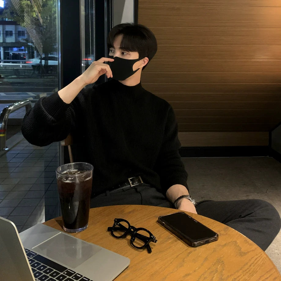 Autumn and winter semi-turtleneck sweater men's Korean trend solid color knitted sweater medium neck bottoming shirt warm inside