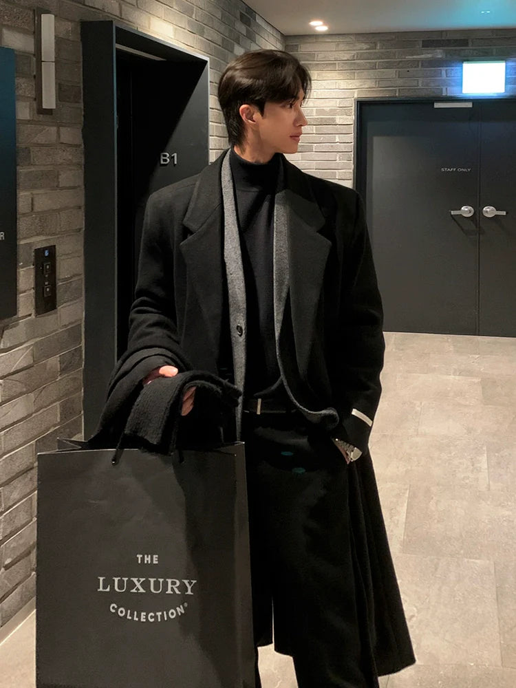 Wool coat men's winter medium and long knee woolen trench coat Korean atmosphere thickened warm jacket
