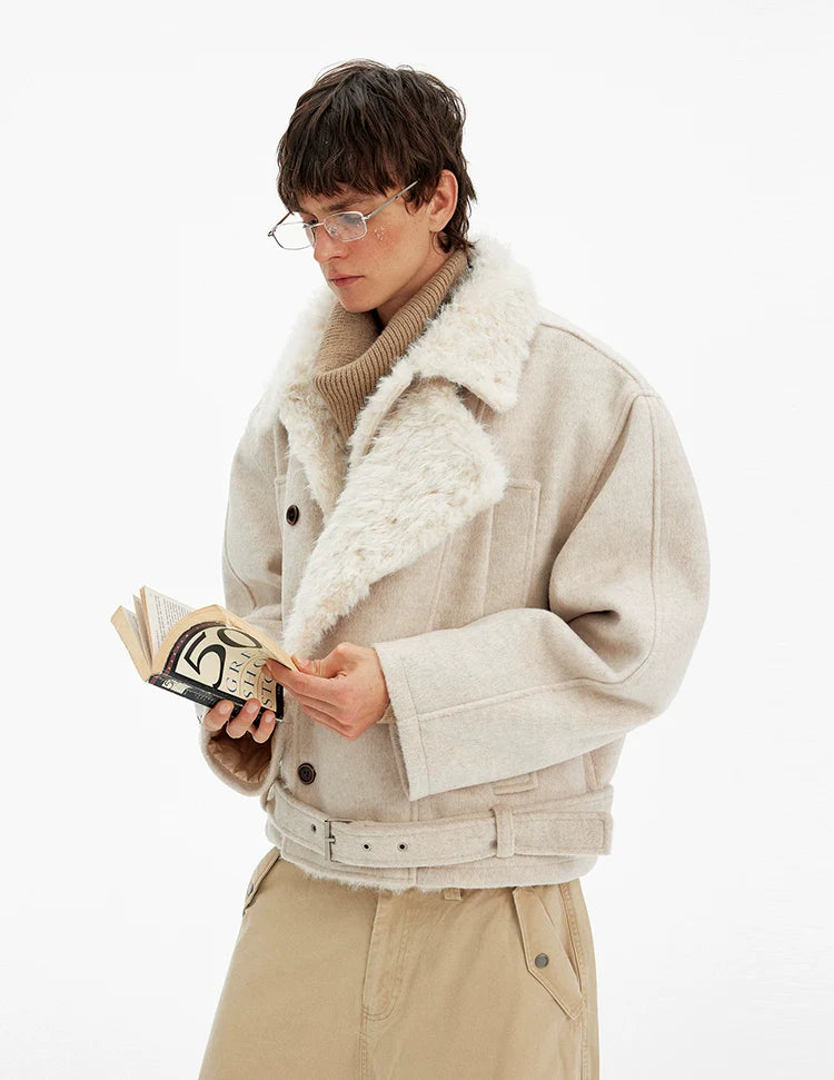 Vintage high-end double-breasted fur collar cotton clothes men's and women's winter casual wool blended warm jacket