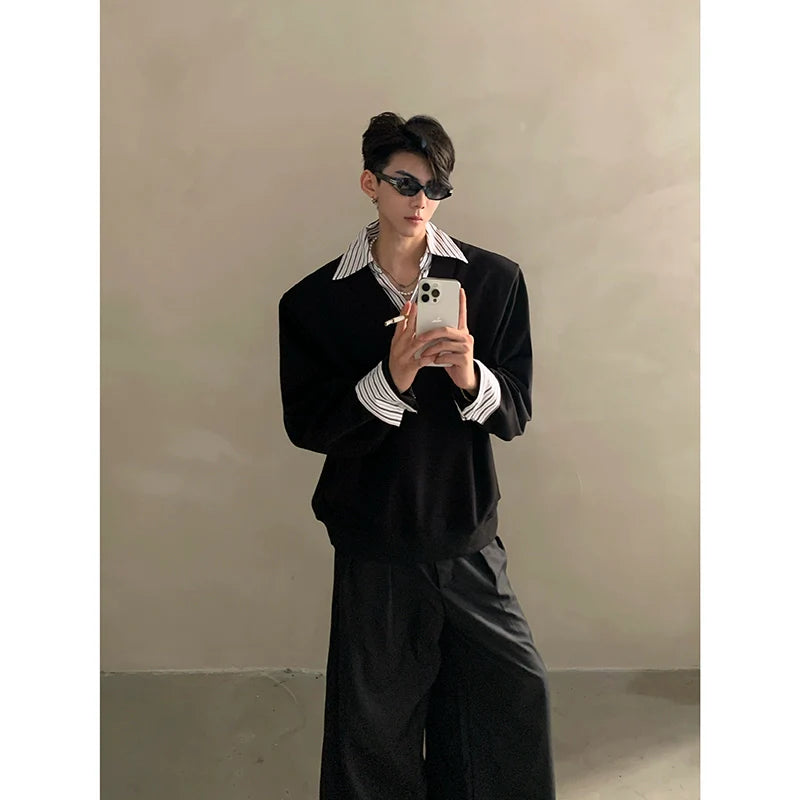 Niche design sense fake two-piece splicing sweater men's high-end sense ruffian handsome shirt collar long-sleeved top