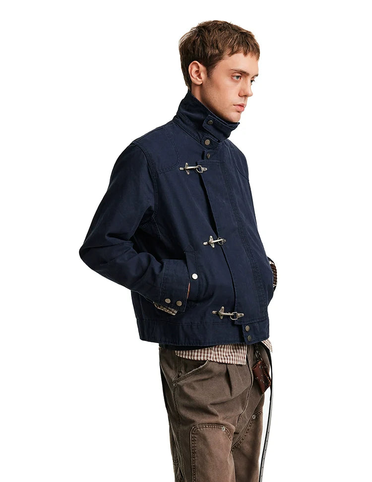Retro high-end aircraft buckle design stand-up collar jacket for men and women, ruffian handsome high street short and wide tooling jacket