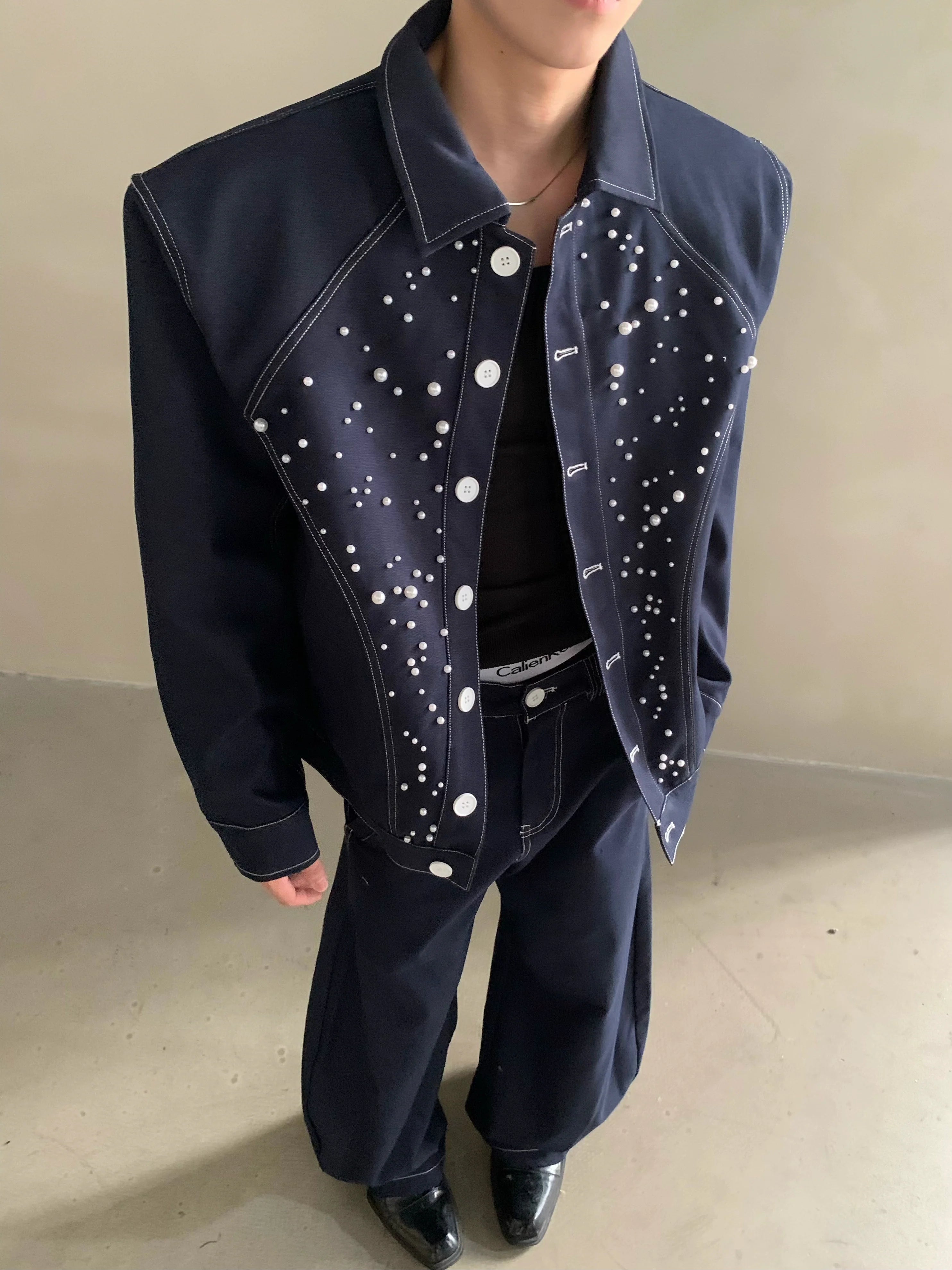 니치 하이엔드 감각의 가볍고 고급스러운 다이아몬드 진주 디자인 데님 재킷, 남성용 멋쟁이 패션 수트, 트렌디한 스타일 