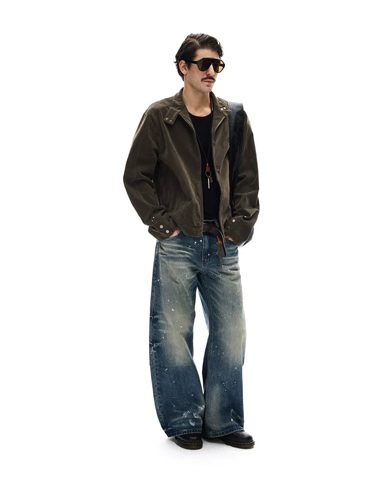 모던 스트리트 레트로 스웨이드 툴링 스탠드업 칼라 재킷, 남녀공용 캐주얼 디컨스트럭션 스플라이싱 숏 코트 