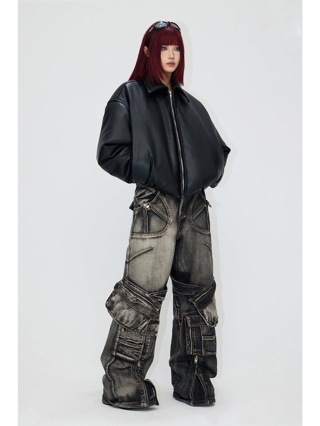 [PeopleStyle] Vintage Leder-Baumwolljacke mit überschnittenen Schultern st1792 