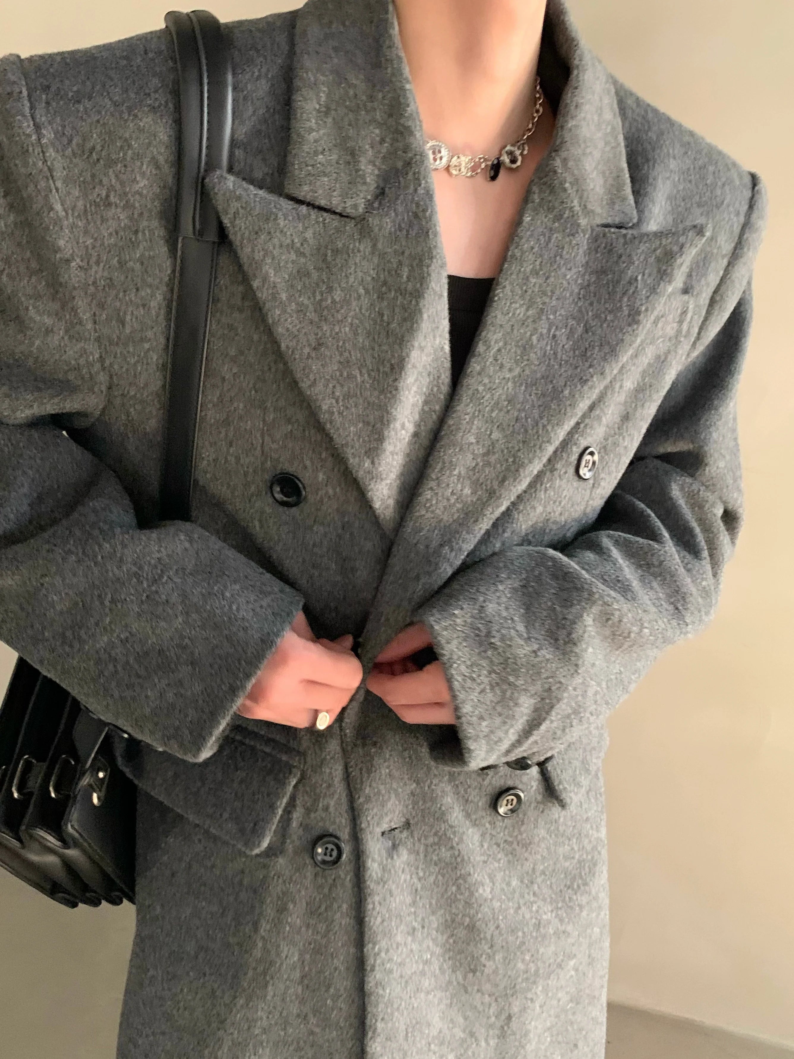 Winter niche shoulder padded silhouette woolen coat men's long double-breasted premium trench coat