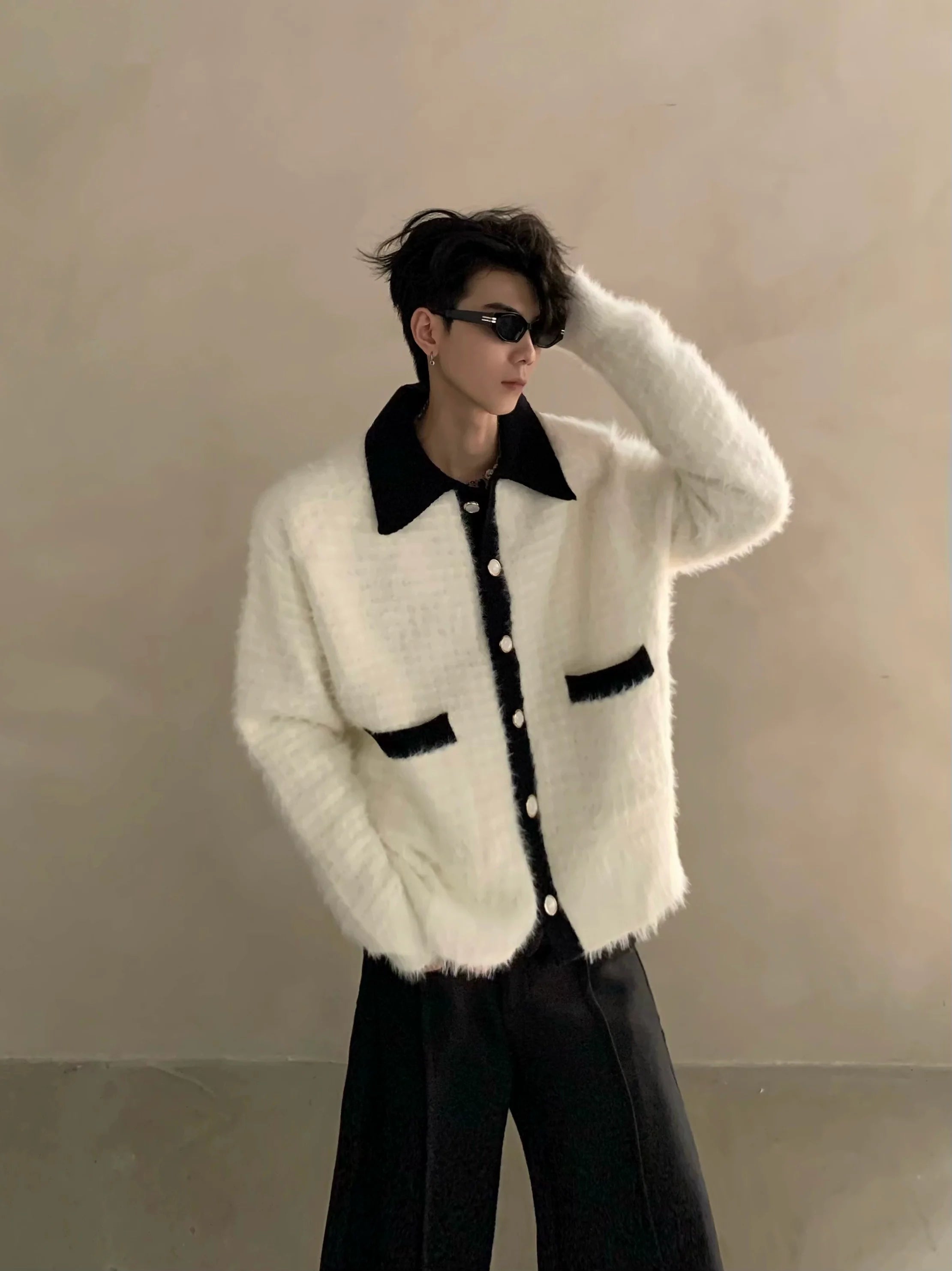 Winter extravagant atmosphere small fragrant lapel knitted cardigan men's heavy button sweater jacket