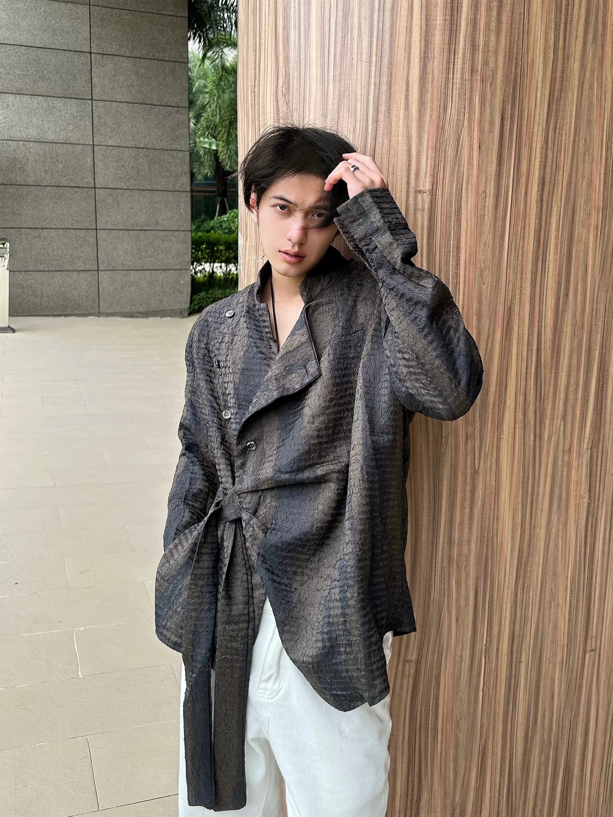 Retro new Chinese style old texture crumpled strap shirt loose casual versatile long-sleeved shirt