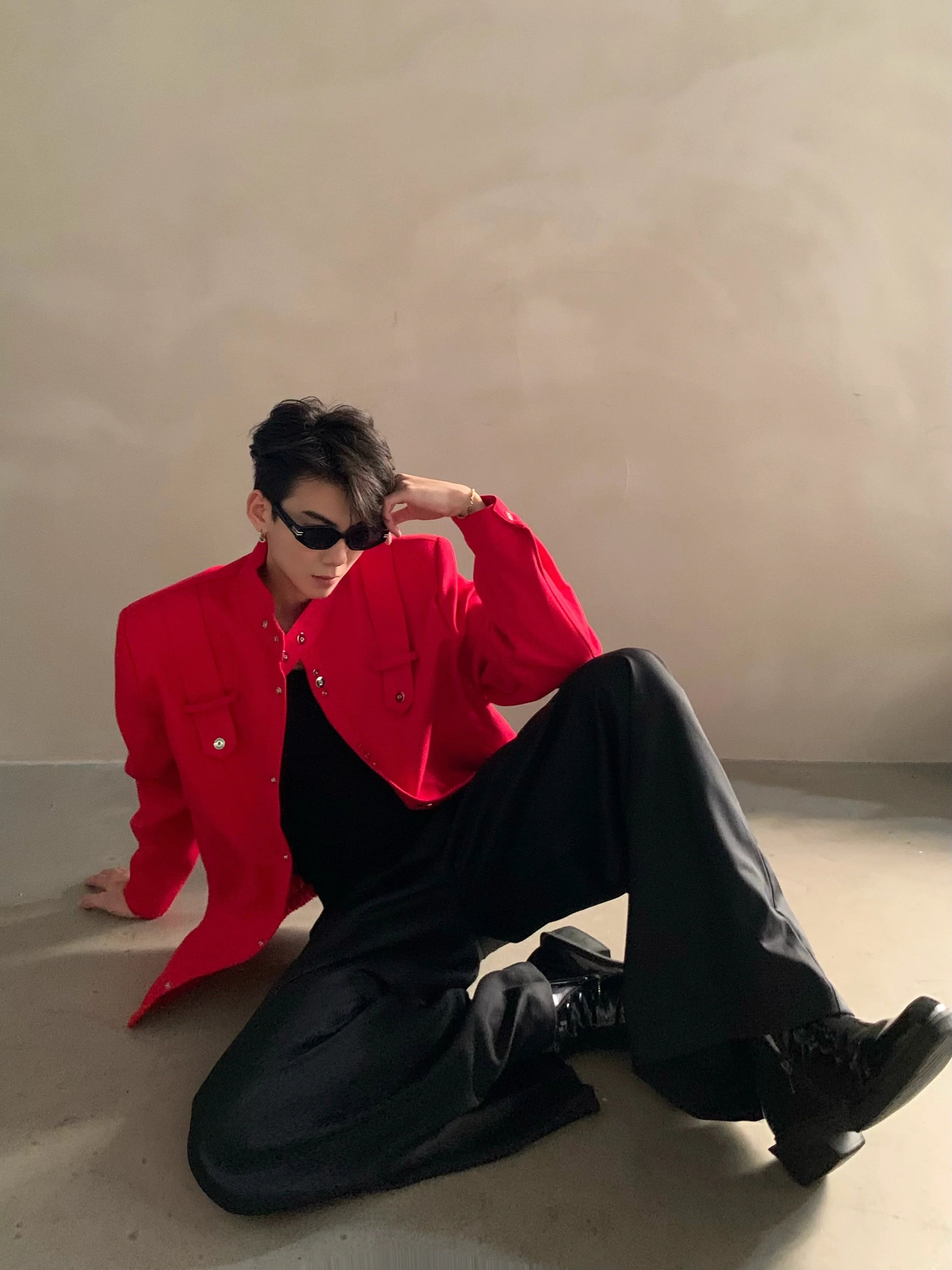 Niche high-end Barn style red shoulder padded jacket jacket men's ruffian handsome loose short top