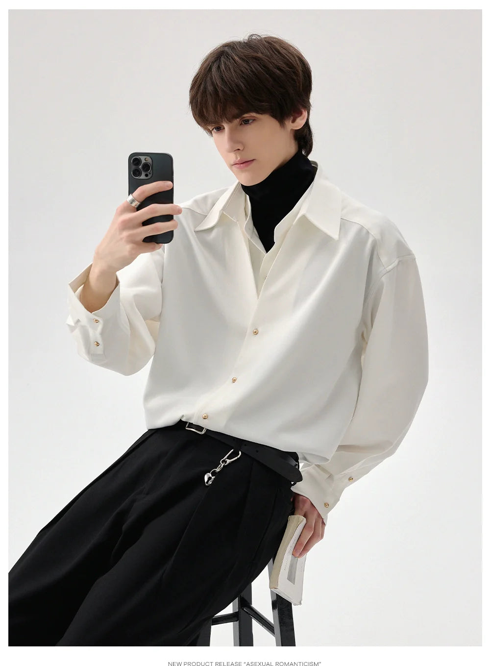 Men's high-end fake three and a half turtleneck shirts men's anti-wrinkle long-sleeved shirts with trendy insides