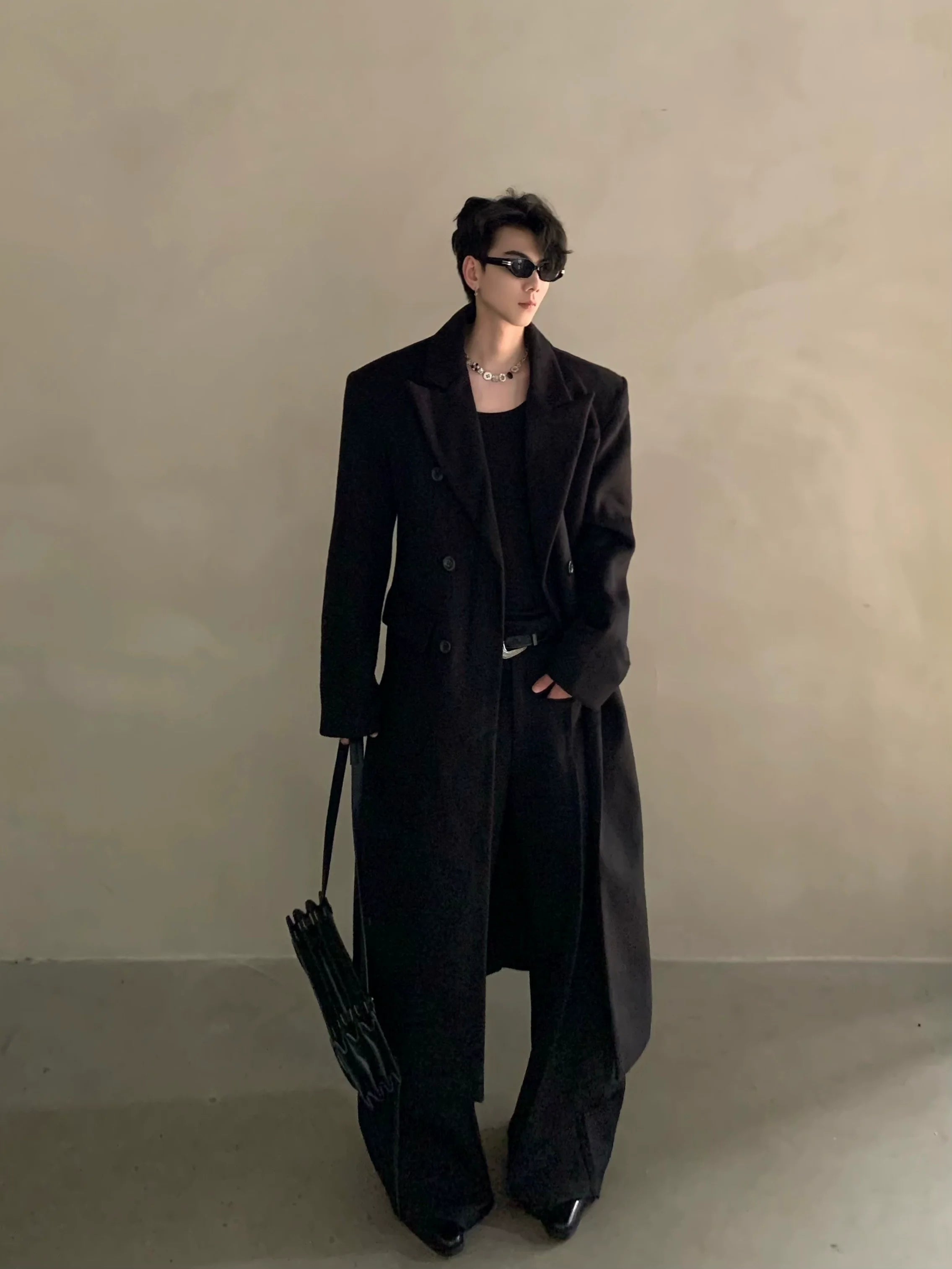 Winter niche shoulder padded silhouette woolen coat men's long double-breasted premium trench coat