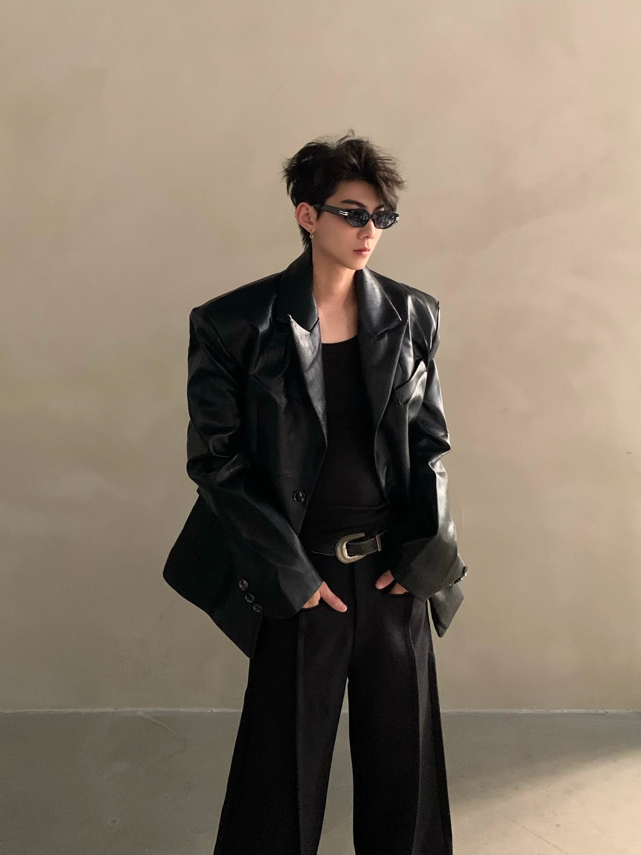 Autumn and winter niche high-end silhouette shoulder pads pu leather jacket men's light luxury ruffian handsome suit jacket