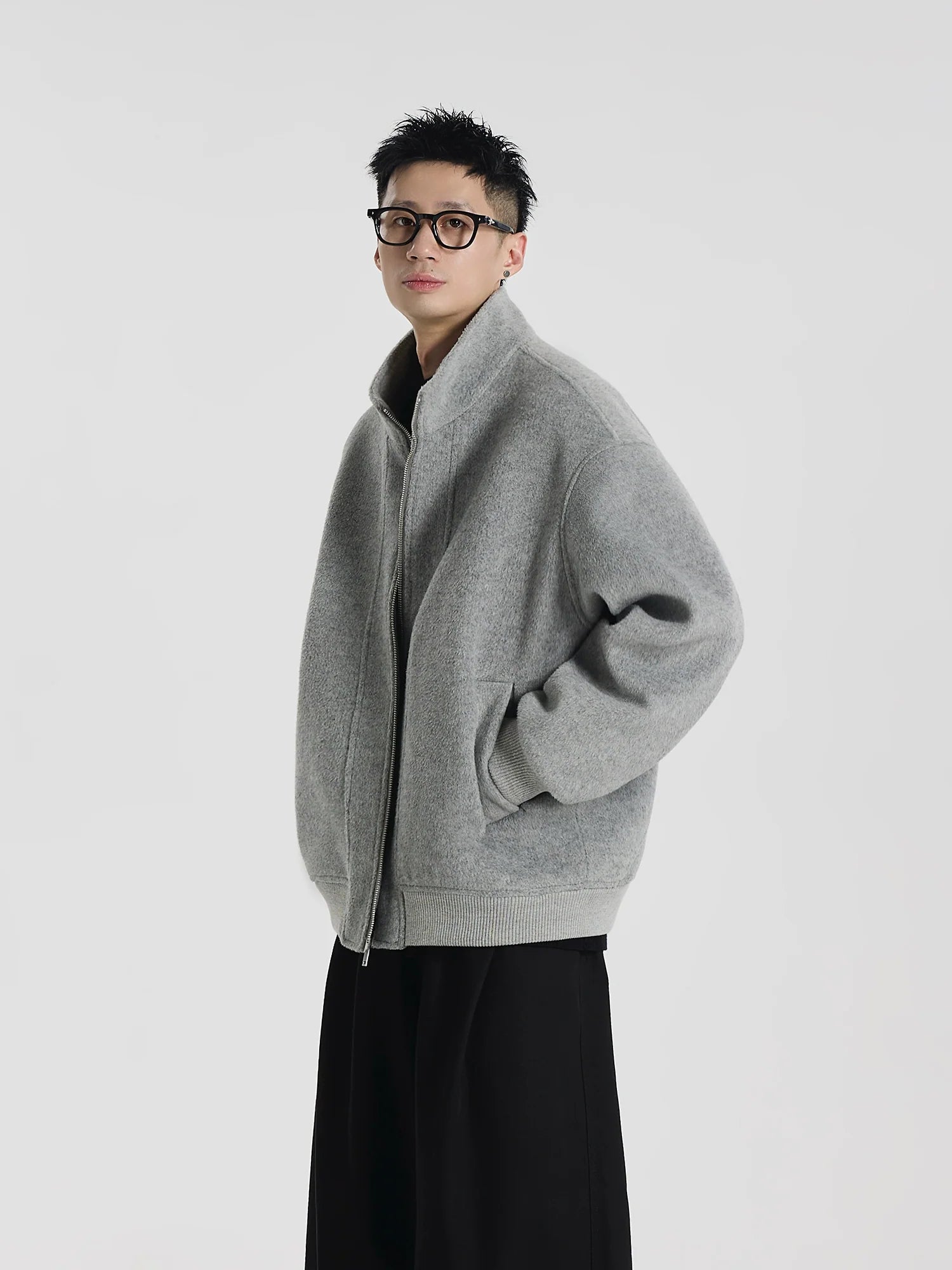 Custom-woven wool-blend woolen short silhouette loose stand-up collar fashion jacket