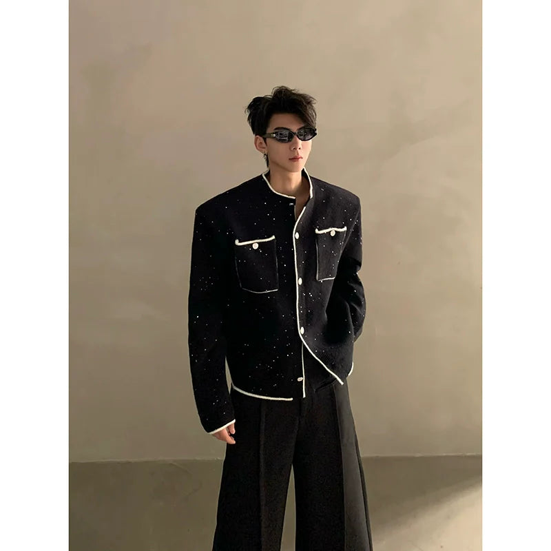 Autumn and winter light luxury high-end sense small fragrant wind contrasting color stand-up neck knitted cardigan men's button sweater jacket