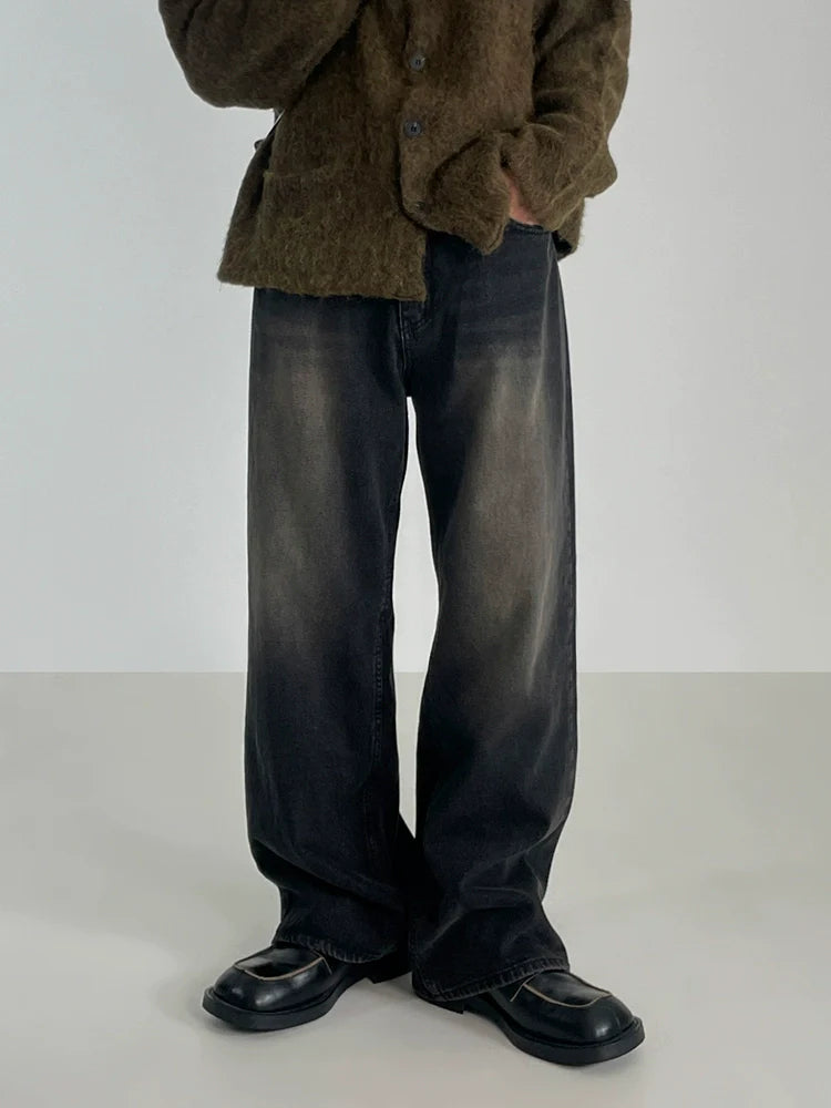 Retro washed drape thickened jeans men's autumn and winter new Korean loose wide-leg straight pants