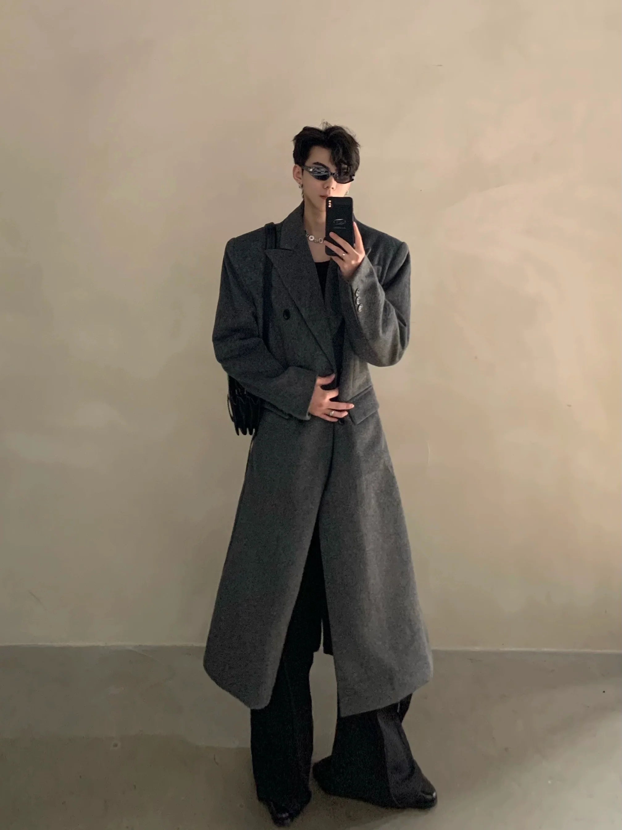 Winter niche shoulder padded silhouette woolen coat men's long double-breasted premium trench coat