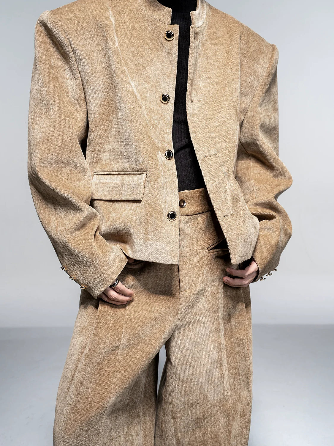 High-end suit suit men's autumn and winter casual suit jacket shoulder padded jacket velvet wide-leg pants two-piece set