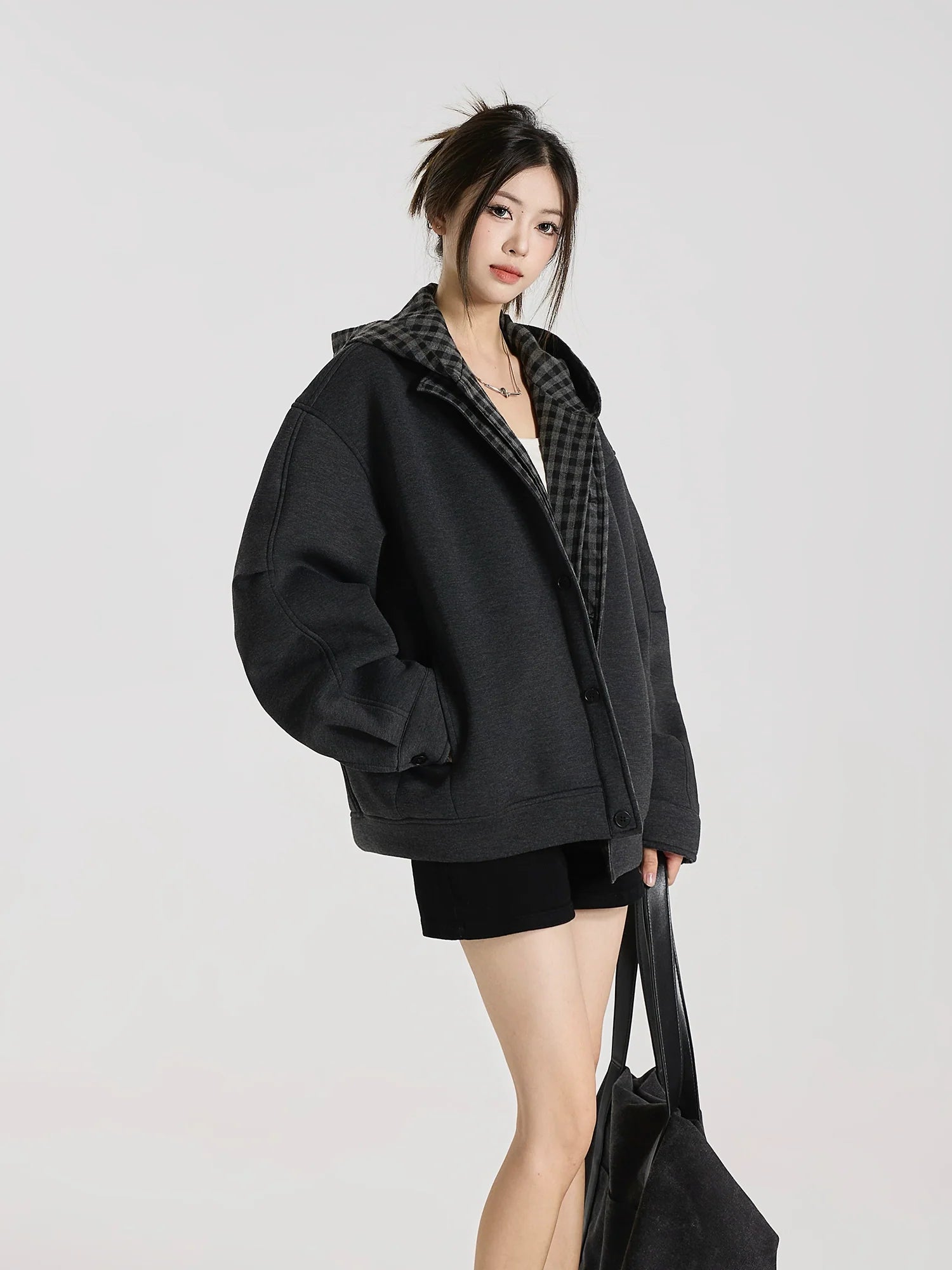 Time Overlapping" Jelly Air Layer Plaid Splicing Fake Two-piece Cardigan Hooded Sweater Jacket