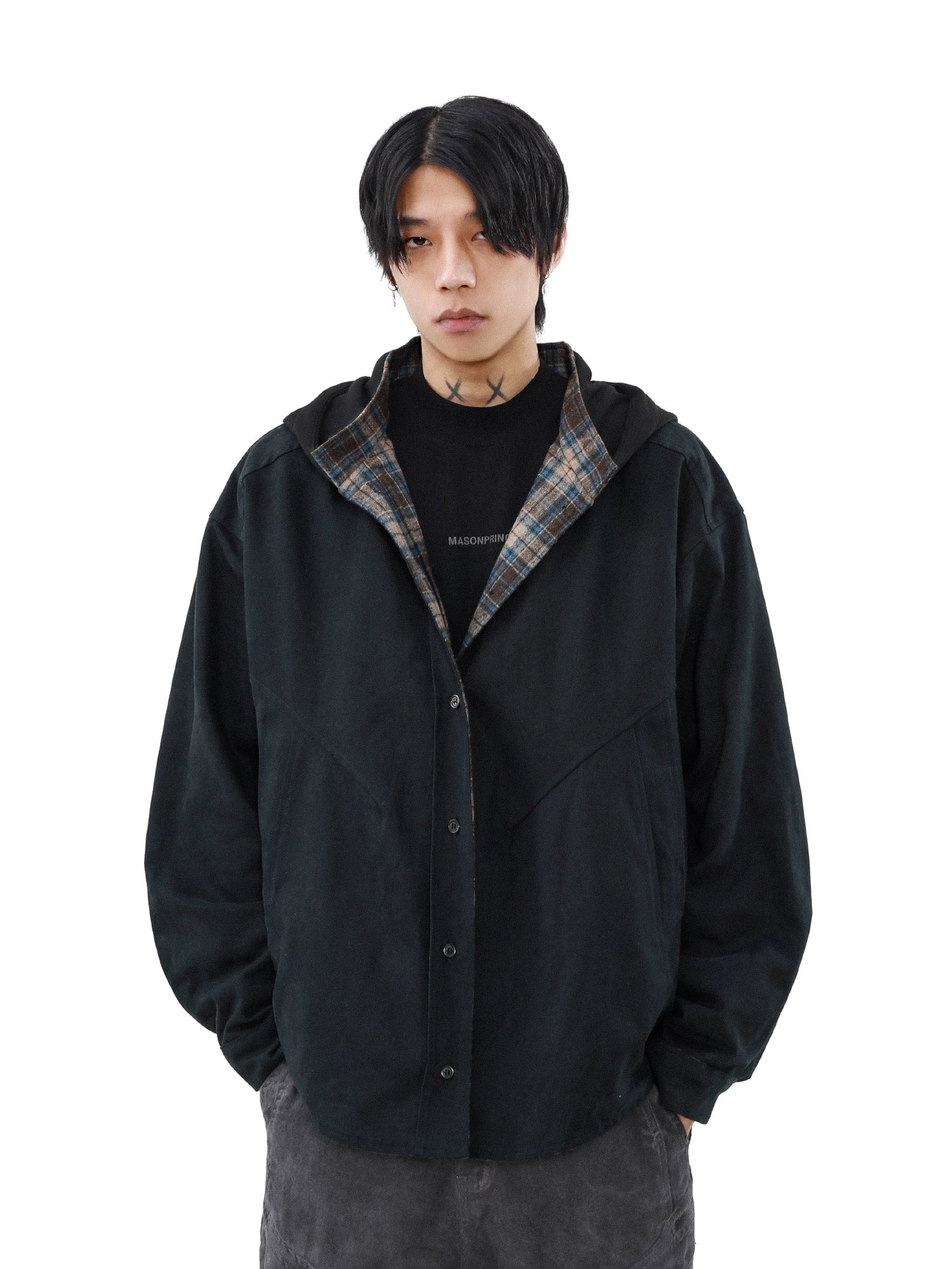 American retro double-sided plaid hooded jacket jacket men's niche spring loose couple sweater