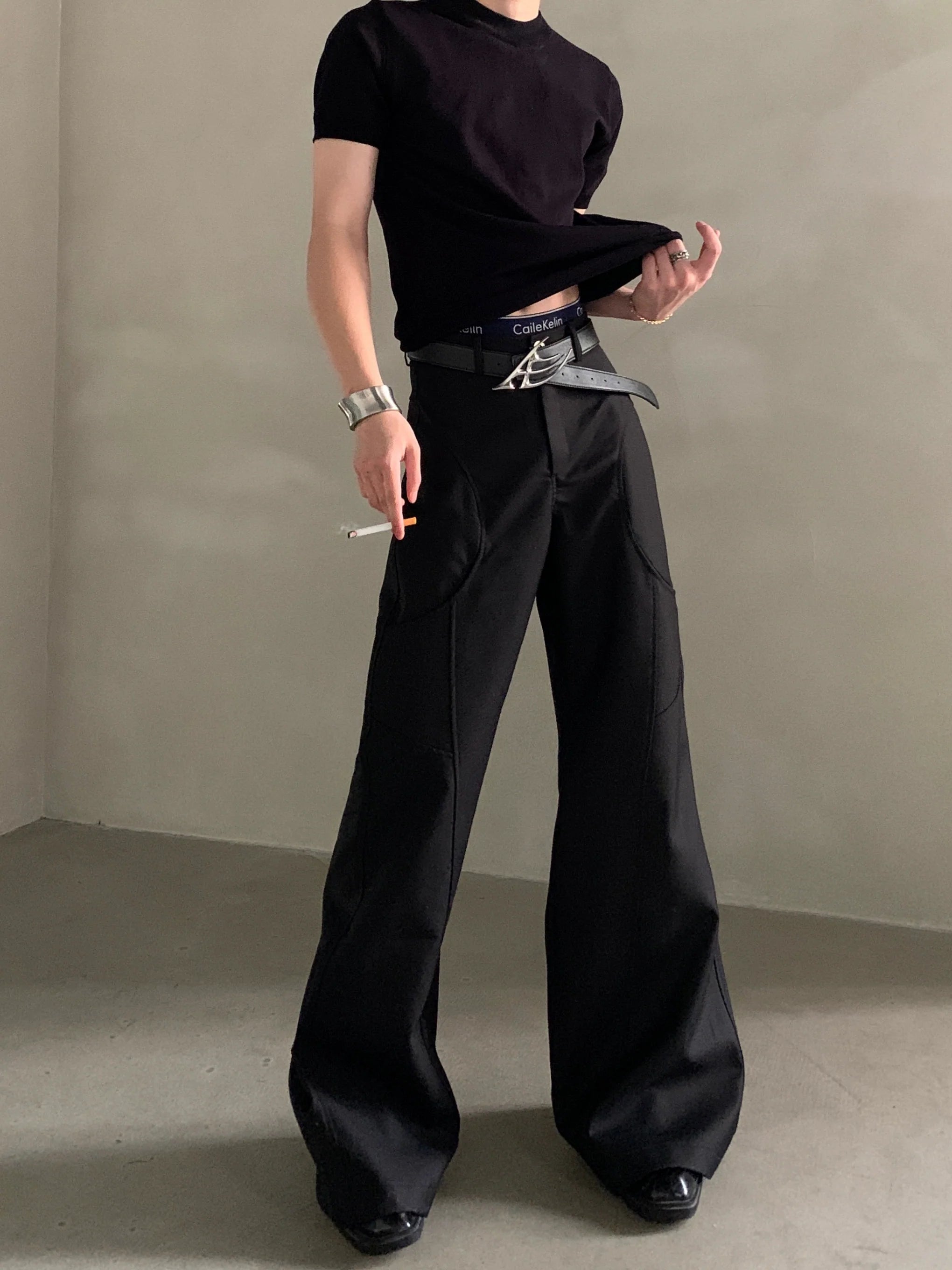 Niche design silhouette black micro-flared trousers men's senior sense cleanfit casual pants tide