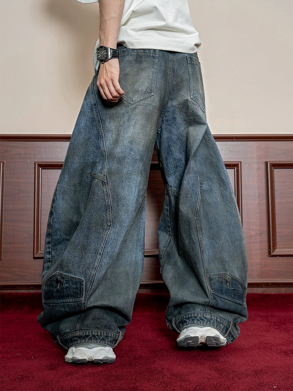 Old polished jeans men's summer street heavy design sense reversed waist wide-leg pants