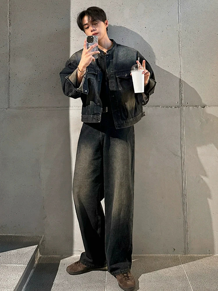 Ruffian handsome retro stand-up collar denim jacket men's spring and autumn loose wide-leg jeans Korean fashion suit