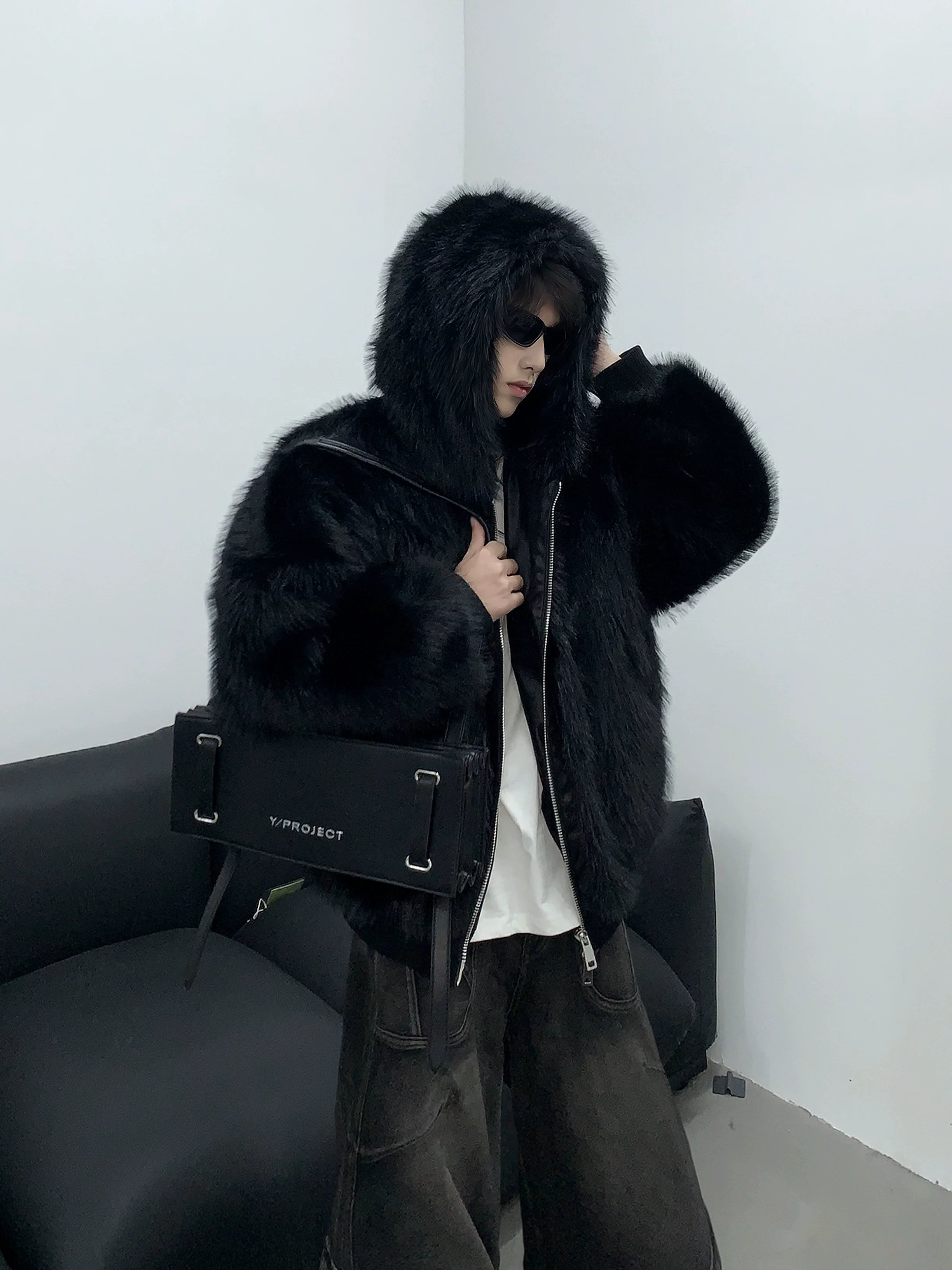 Winter thickened warm plush hooded mink jacket men's imitation fur cleanfit mink cotton jacket