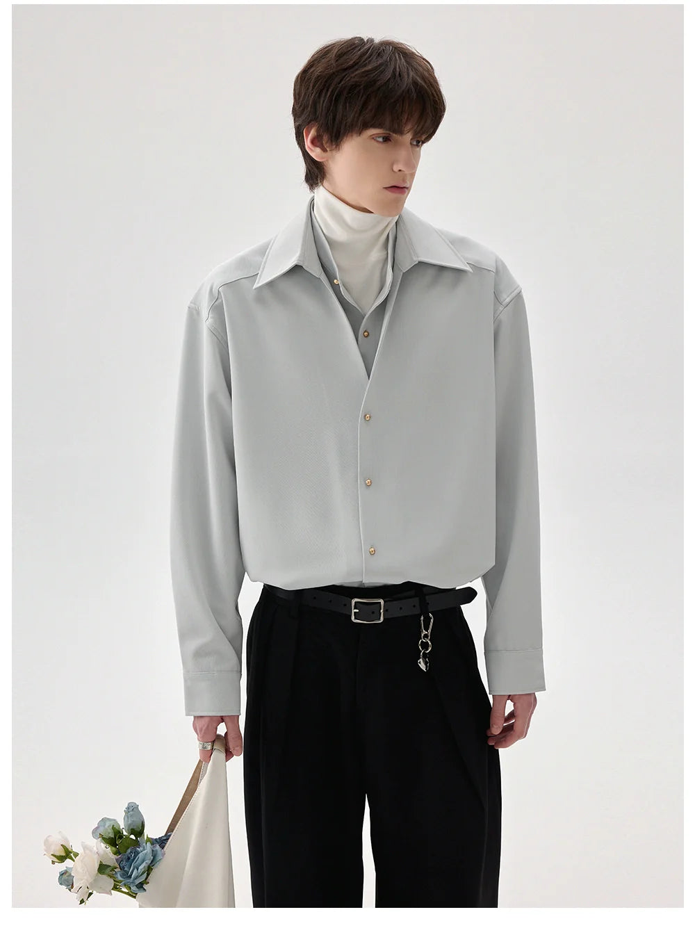 Men's high-end fake three and a half turtleneck shirts men's anti-wrinkle long-sleeved shirts with trendy insides