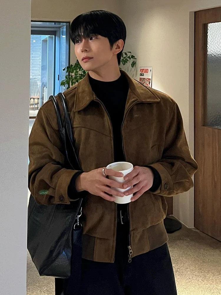 Retro style short leather jacket men's autumn and winter imitation suede lapel jacket Korean commuter wear