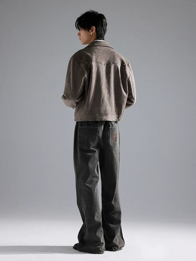 Suede Western "Rivet Short Wide Gun Barge Collar Versatile Boxy Deconstructed Suede Jacket