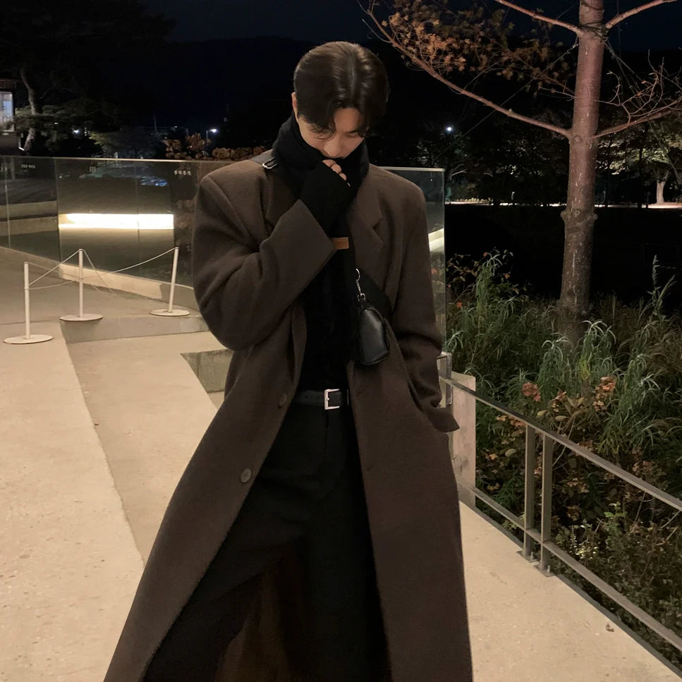 Wool coat men's winter medium and long knee woolen trench coat Korean atmosphere thickened warm jacket