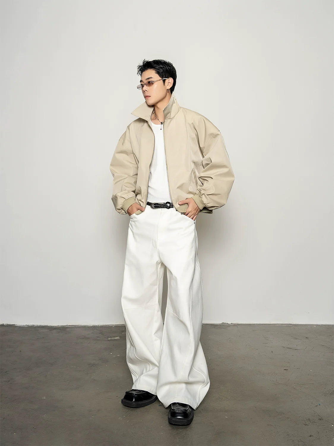 Stiff glossy versatile silhouette windproof lapel jacket men's shoulder short tooling jacket