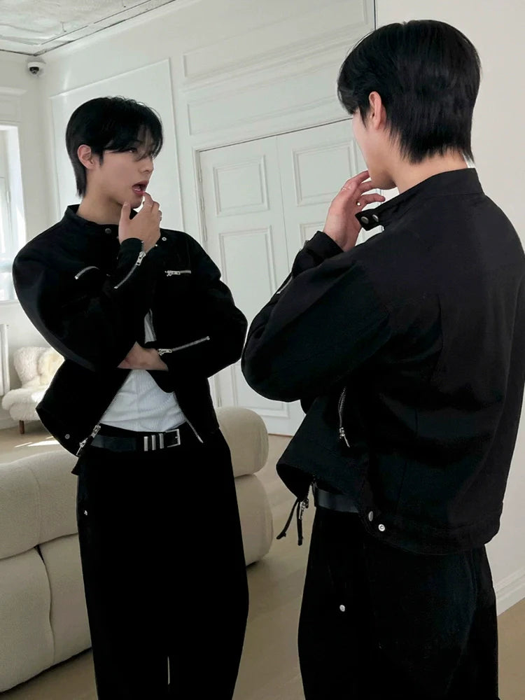 고급스러운 남성용 봄철 기능성 반팔 재킷, 루즈핏 스탠드업 칼라 재킷, 한국 트렌드의 멋쟁이 스타일 상의 