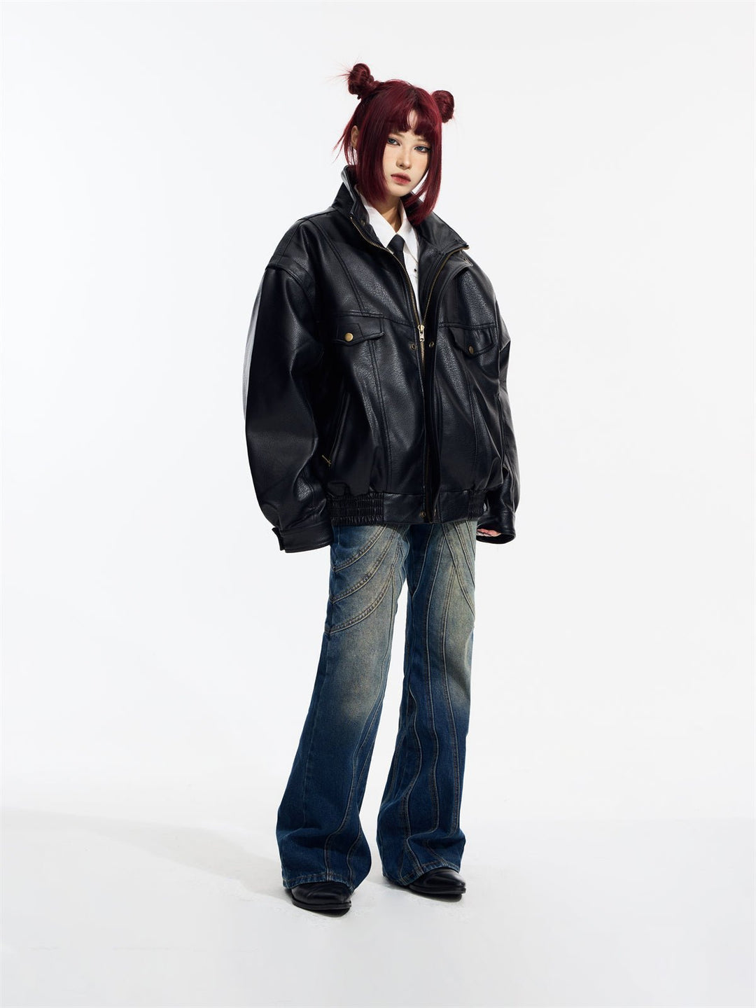 [PeopleStyle] Genderless wear silhouette fashionable leather jacket st1789