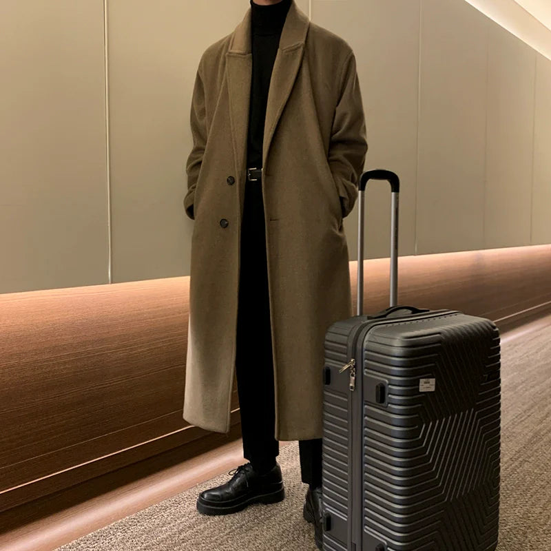 남성용 겨울 코트, 한국 고급 무릎 길이 트렌치 코트, 루즈핏 레트로 스타일 두꺼운 울 코트, 트렌디한 디자인 