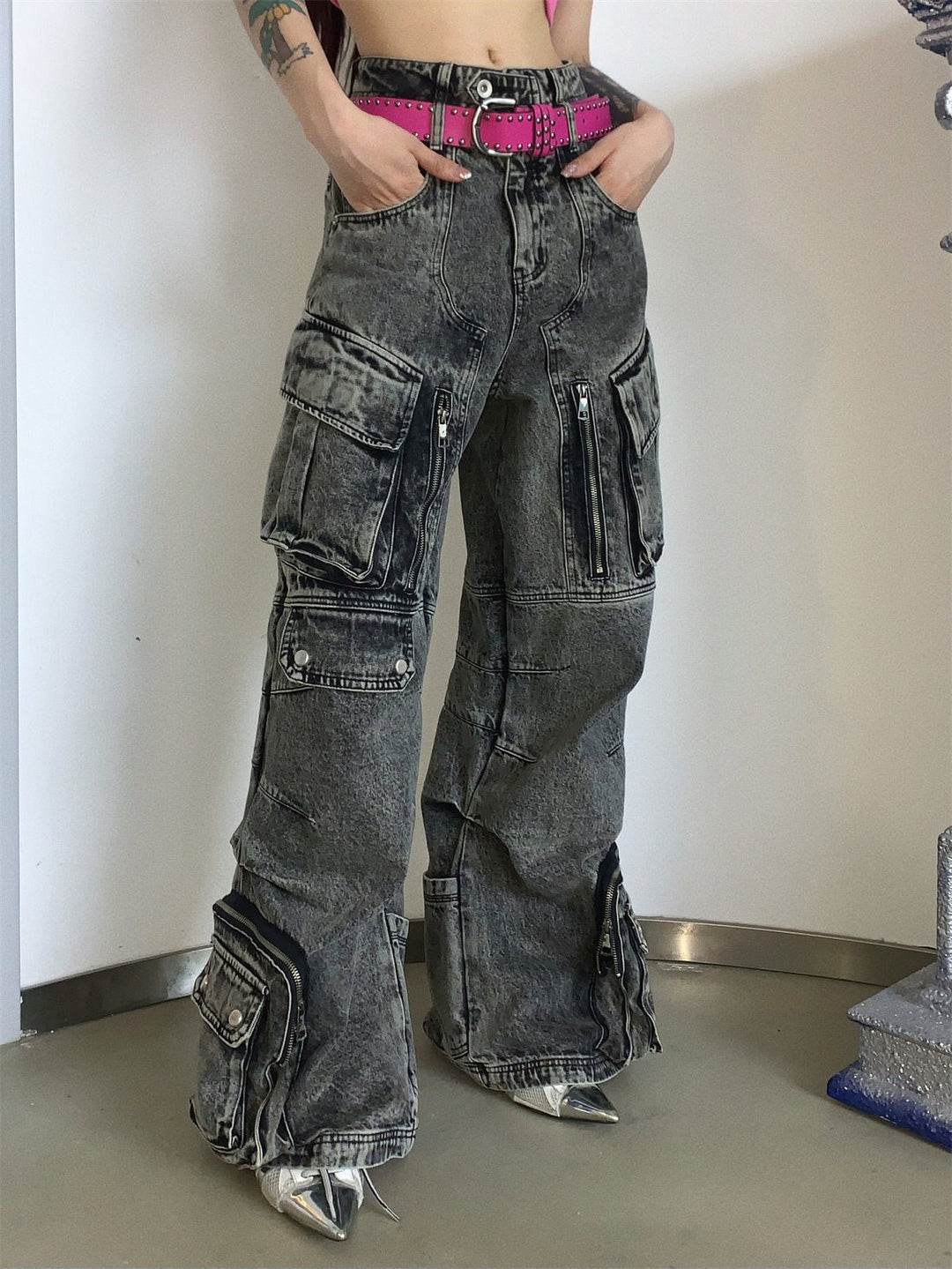 [PEOPLESTYLE] Multi-pocket wide leg casual jeans st2096