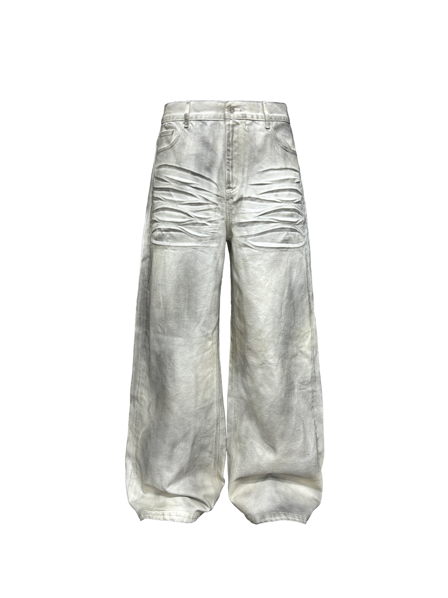 Dirty dyed old white jeans naturally dirty dyed, pleated cat whiskers, straight wide-leg pants