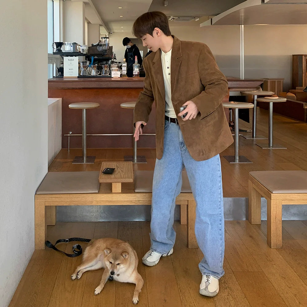 고급 캐주얼 남성 봄 신상 루즈핏 재킷, 한국 트렌드 러플 탑 