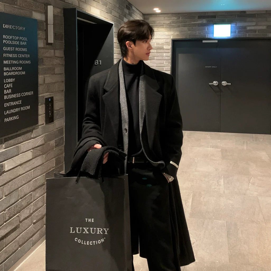 Wool coat men's winter medium and long knee woolen trench coat Korean atmosphere thickened warm jacket