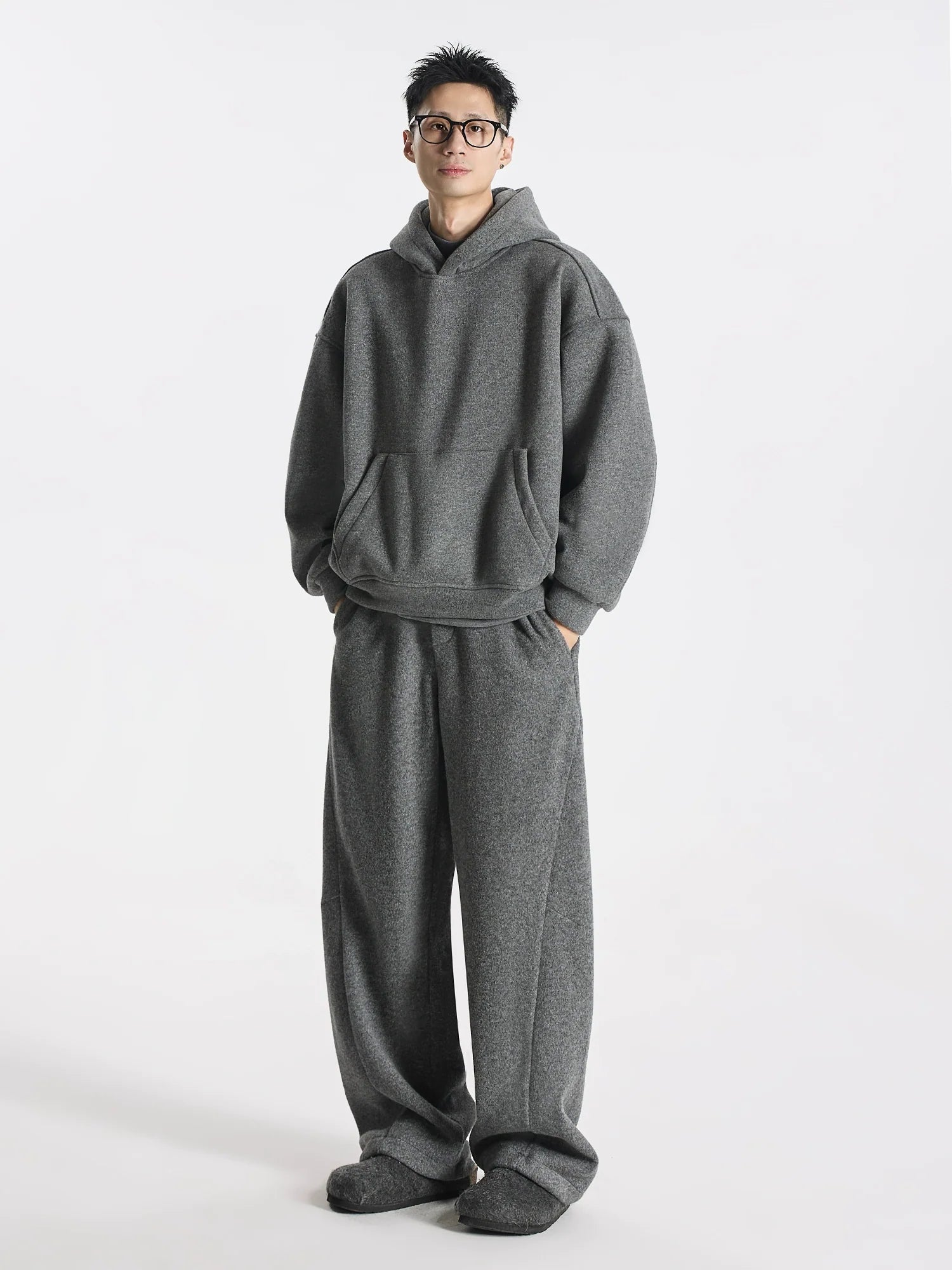 Kangaroo sweater heavy double stream spinning terry cloth stacked wear velvet kangaroo hooded sweater set