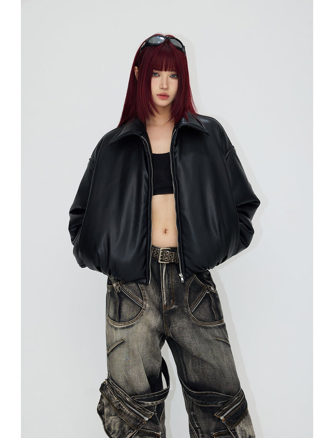 [PeopleStyle] Vintage Leder-Baumwolljacke mit überschnittenen Schultern st1792 